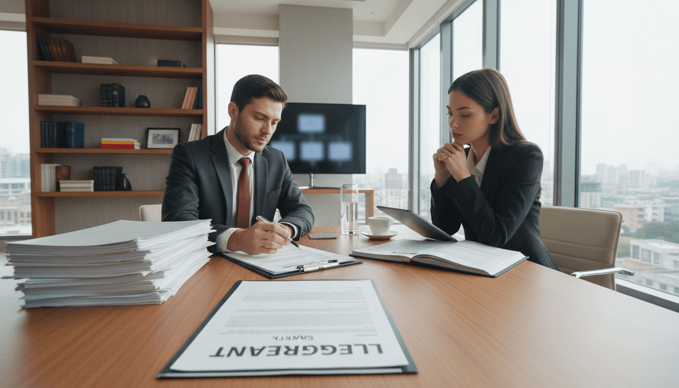 Legal expert reviewing documents at an office desk
