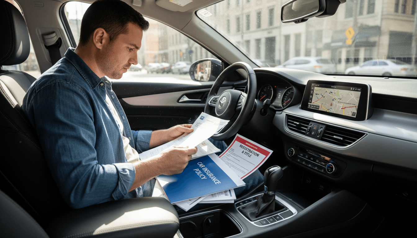 driver reviewing insurance documents in a car
