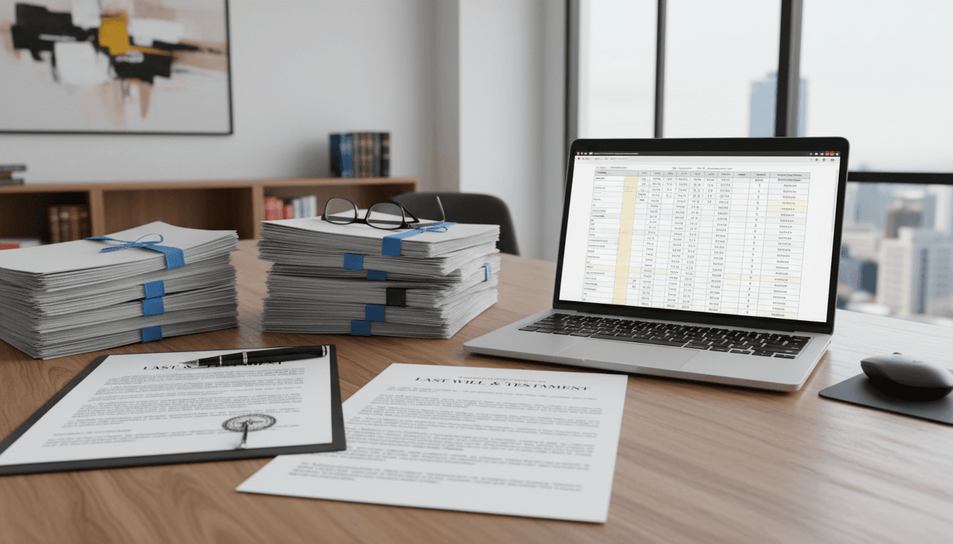 Legal documents and laptop on a desk in a professional office