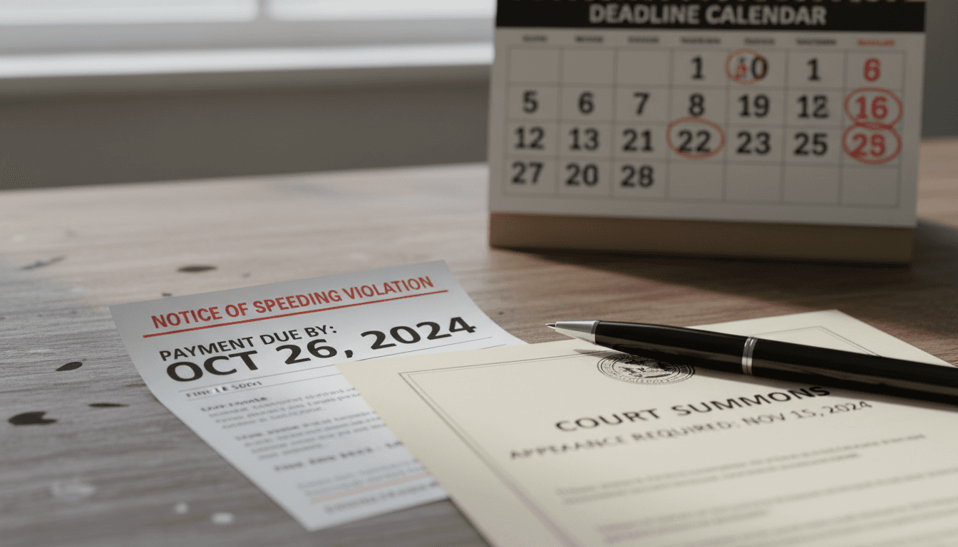 Speeding ticket on a desk with a calendar showing a deadline date